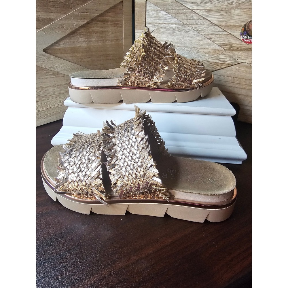 Ateliers Italy Foil Fringe Slides Sandals 6.5 Rose Gold Emery Platform Slipon592 - Picture 2 of 10